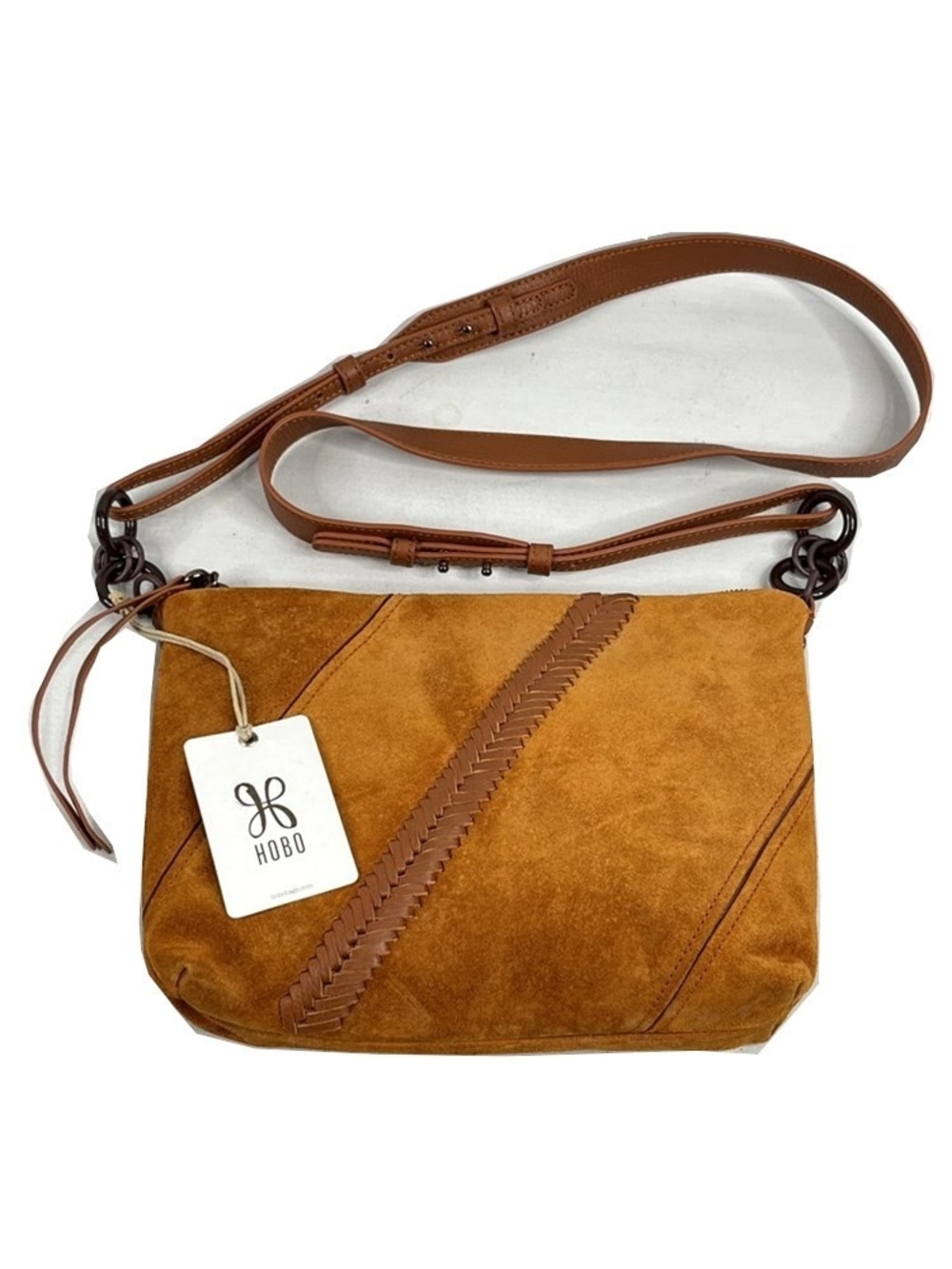 HOBO Suede Crossbody in Cognac Tan with Leather Trim